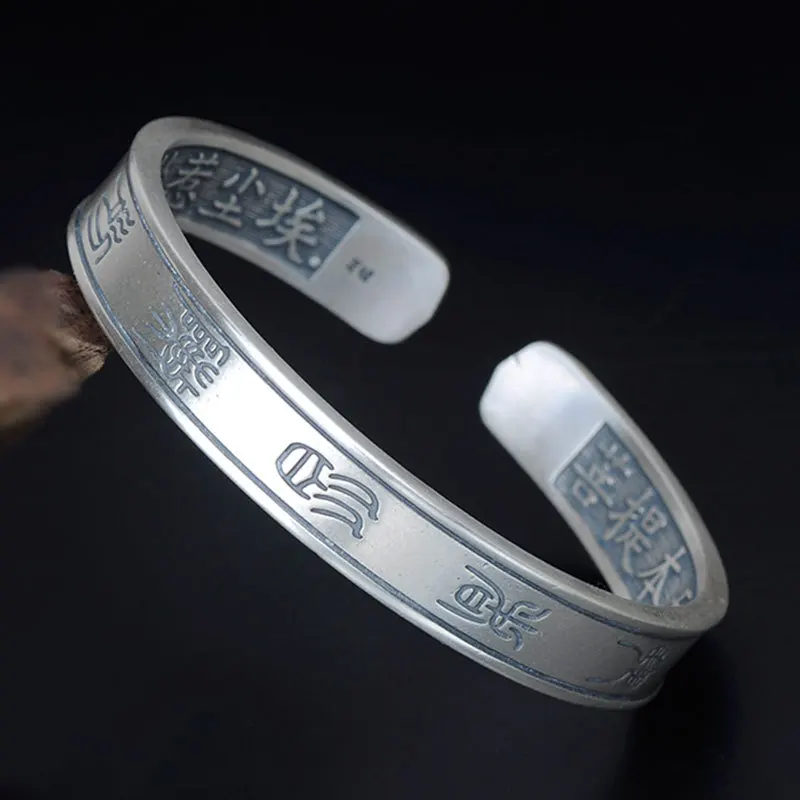 

Ethinic New Genuine 990 Sterling Silver Cuff Bangle & Bracelet Nine Words Female Antique Retro Open Silver Bracelet
