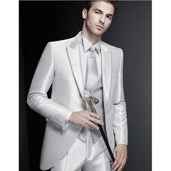 

Silver Grooms Tuxedos Peaked Lapel Wedding Suits for men Three Piece Prom Two Button Groom mens Suit ( jacket+Pants+vest+tie)