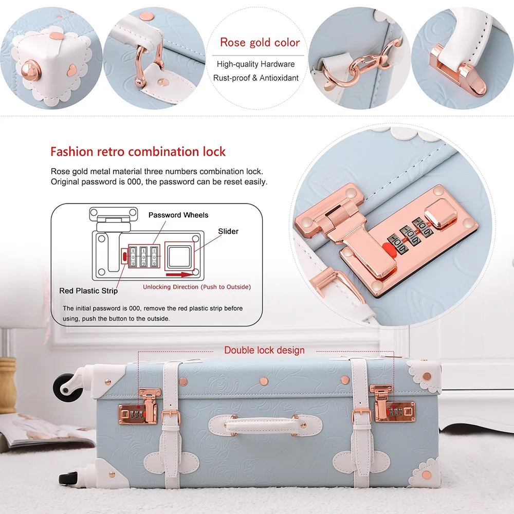 Легкий BlueCALUDAN ретро чемодан на колёсиках с регулируемой Спиннер колеса Винтаж Милый чемодан для женщин носить на