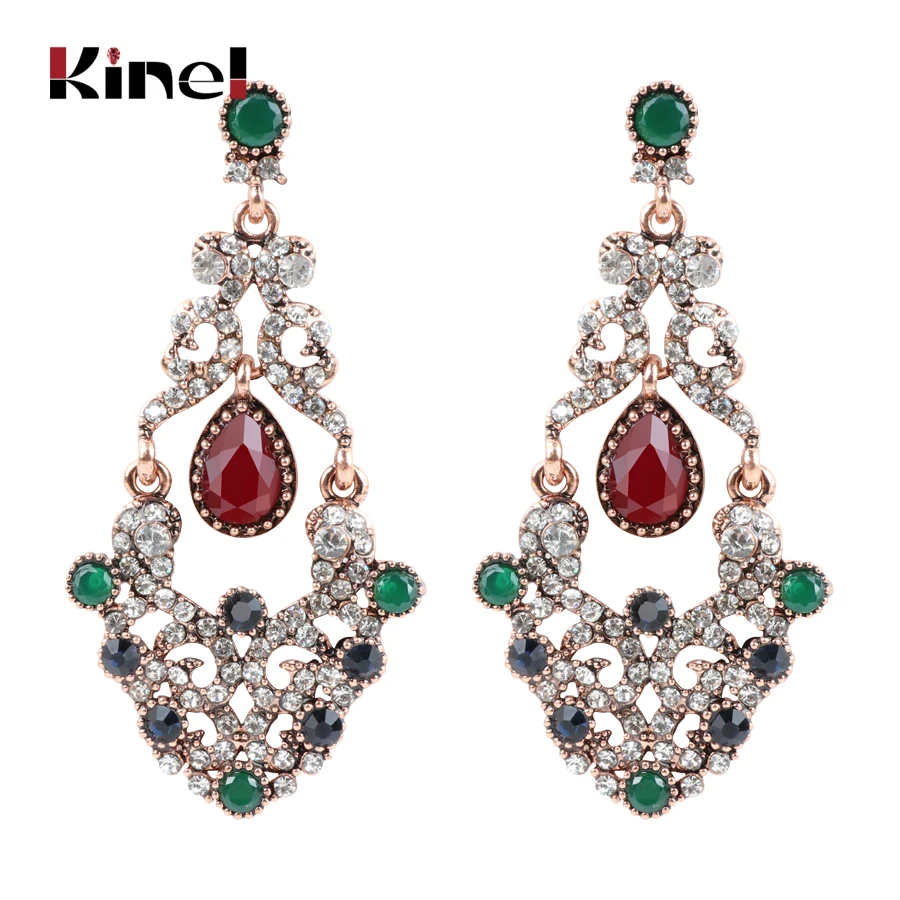

Kinel Luxury Ethnic Crystal Flower Earrings Turkish Retro Gold Color Swinging Drop Earrings Princess Women Jewelry Festival Gift