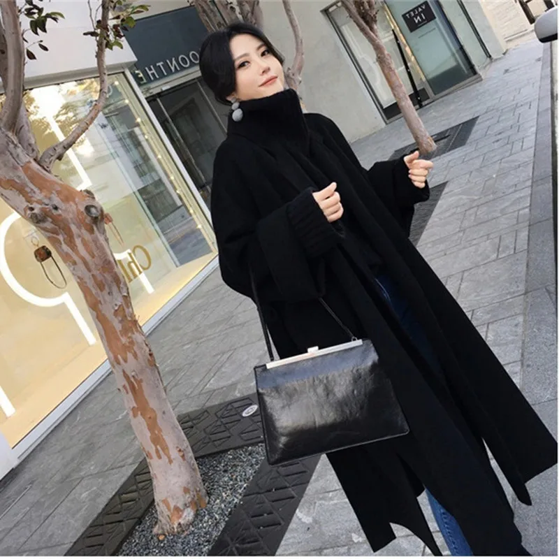 Autumn winter woolen coat women Loose Large size wool coats female Belt slim long Basic coats Both sides of the slit jacket N332