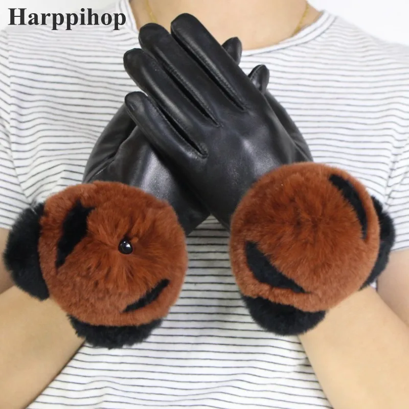 Gours зимние из натуральной кожи перчатки Для женщин модный бренд дамы кролика рекс черные перчатки панда прекрасные варежки GSL048