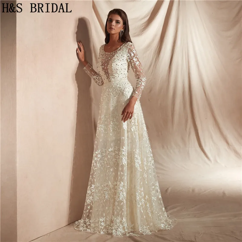 H S Bridal Beach Wedding Dresses Ivory Long Sleeve Lace H S Bridal Beach Wedding Dresses Ivory