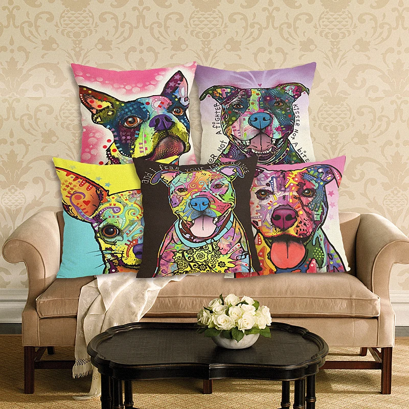 

Animal Series Cartoon Style Throwpillow Decor Cushion Linen Cotton Colorful Dog Printed Pattern Throw Pillow Cushion Home Decor