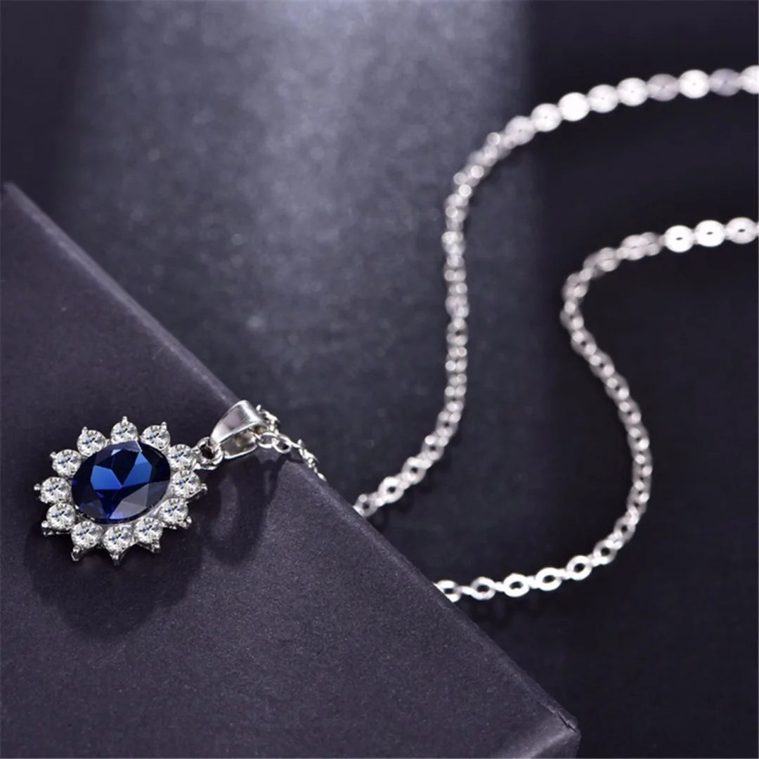 Women's Gorgeous Sapphire Flower Crystal Necklace Stud Earrings Jewelry Set