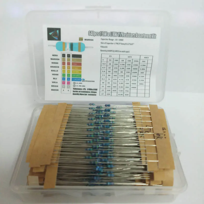 

640pcs 64 Values 1R - 10MR 1/6W&1/8W Metal Film Resistors Assorted Kit Set
