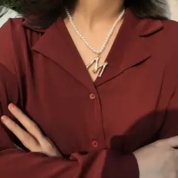 Ретро Простое жемчужное ожерелье свитер цепи темперамент письма с ручной работы цепочки и ожерелья для женщин