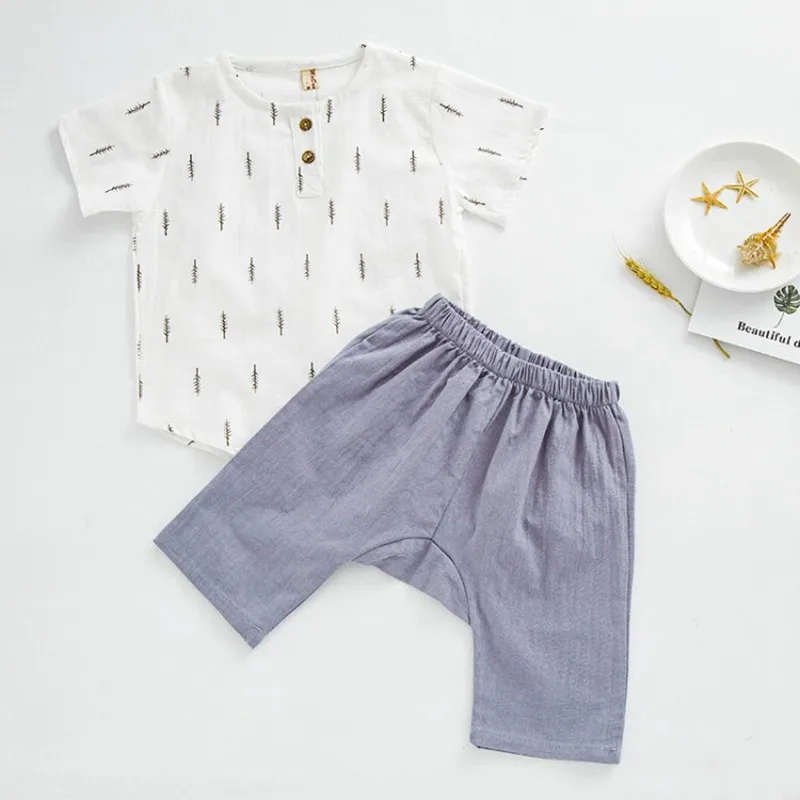 COOTELILI Cotton Linen Toddler Boys Summer Clothing Children Sets Short Sleeve T-shirt+ Pants Girls Clothing Sets 80-120cm (10)