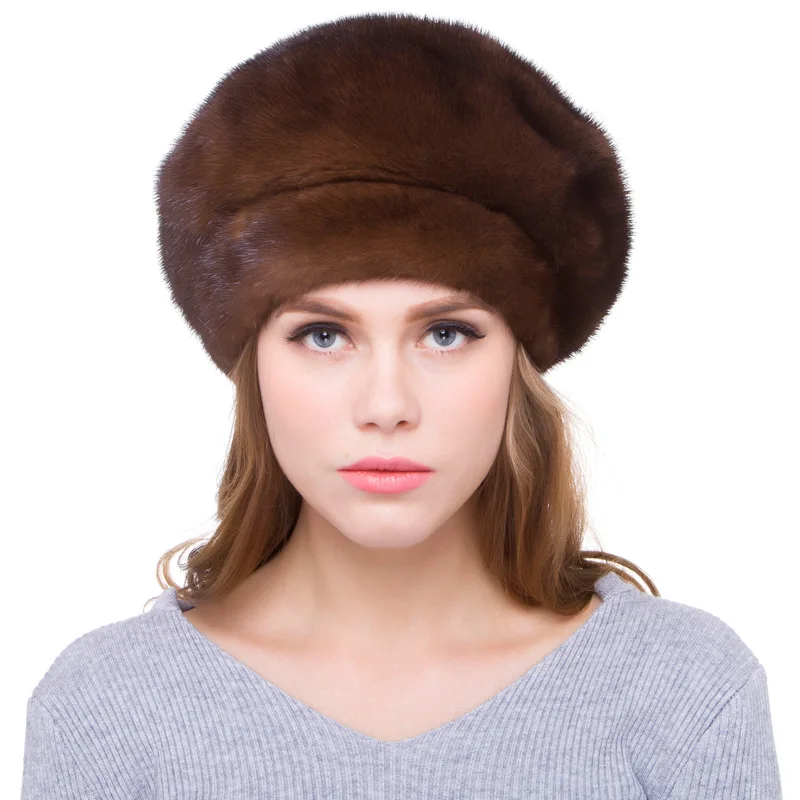 Роскошные русские женские настоящие Оптовые норковые меховые береты, шапки, женские зимние теплые шапки, модный головной убор LF5097 - Цвет: Brown