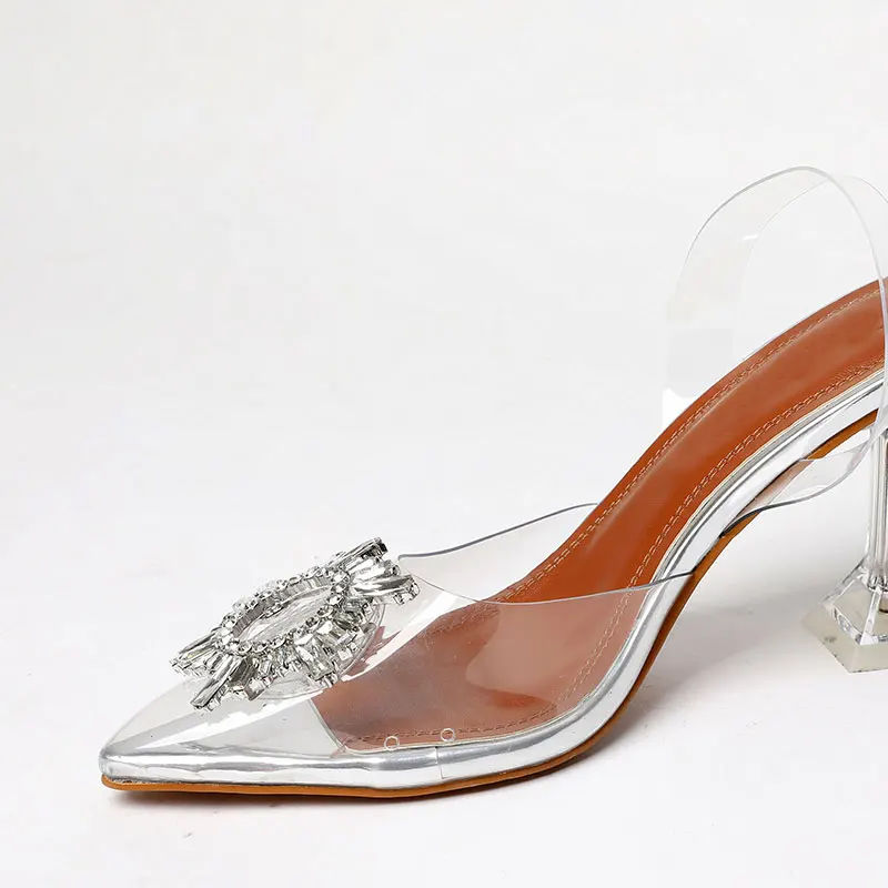 New PVC Transparent High Heel Crystal Pumps Sandals Woman Pointed Toe Perspex Heel Women Bride Wedding Shoes 9CM Pumps