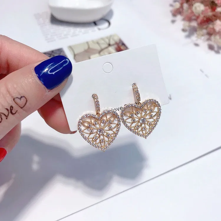 golden heart full cz earring 925 silver post Hypoallergenic fadeless alloy fashion jewelry stud earrings for women gift