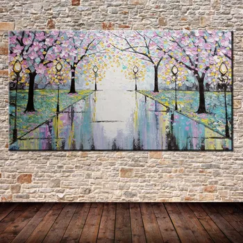 

large long 100% Handpainted Pink Flowers Road Street Lamp Abstract Palette Knife Oil Painting On Canvas Wall Decoration For Home
