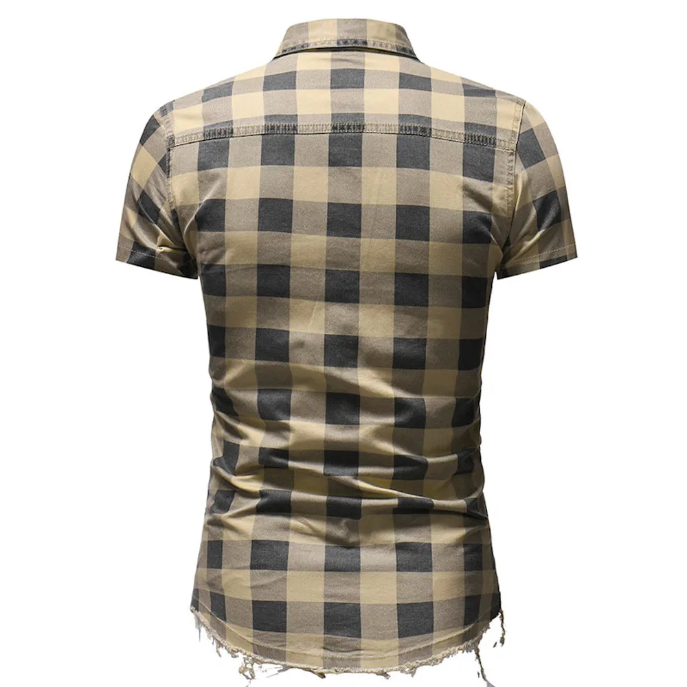 Мужская приталенная клетчатая рубашка с пуговицами, летняя футболка с карманом, топы, блузка W528