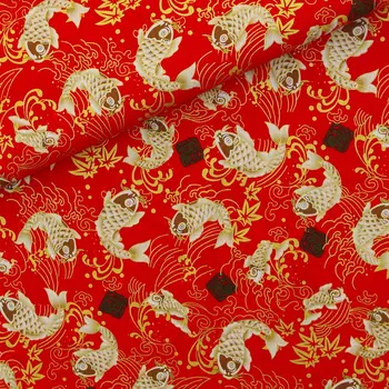 

140cmx100cm Hot stamping Cotton Fabric - Fish and spindrift on red background(4011)