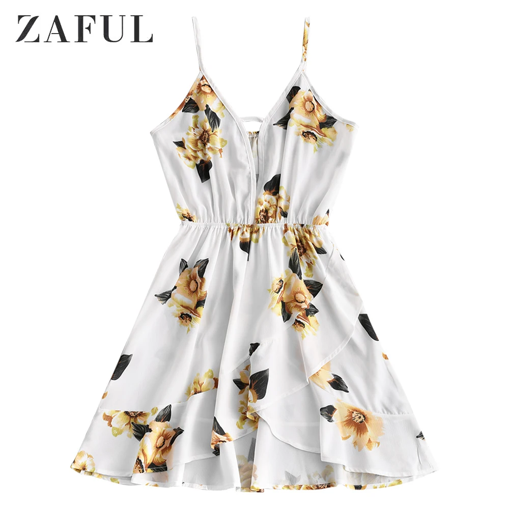 Женское платье на бретельках ZAFUL винтажное мини с цветочным принтом и оборками