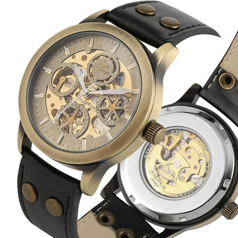 

Hollow Out Skeleton Automatic Mechanical Watches Men Luminous Hands Soft Leather Strap Wrist Watch Steampunk Bronze Gift Clock