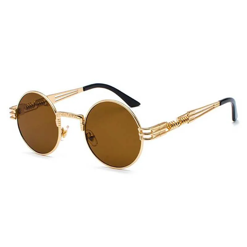 Ретро Круглые стимпанк Солнцезащитные очки UV400 защита Lunette Золотой Металл Весенние солнцезащитные очки для мужчин крутые круглые зеркальные оттенки - Цвет линз: Gold frame tea