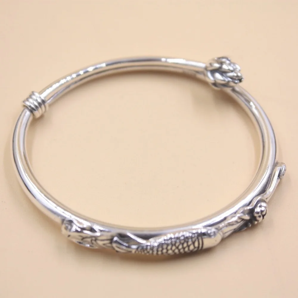 

New Arrival Pure S925 Sterling Silver Bracelet Women Flower Fish Bangle 31.3g