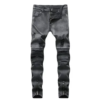 

Men's Jeans Black Slim Moto Biker Denim Pants Mid Waist Skinny Distressed Ripped Pleated Male Vintage Troursers