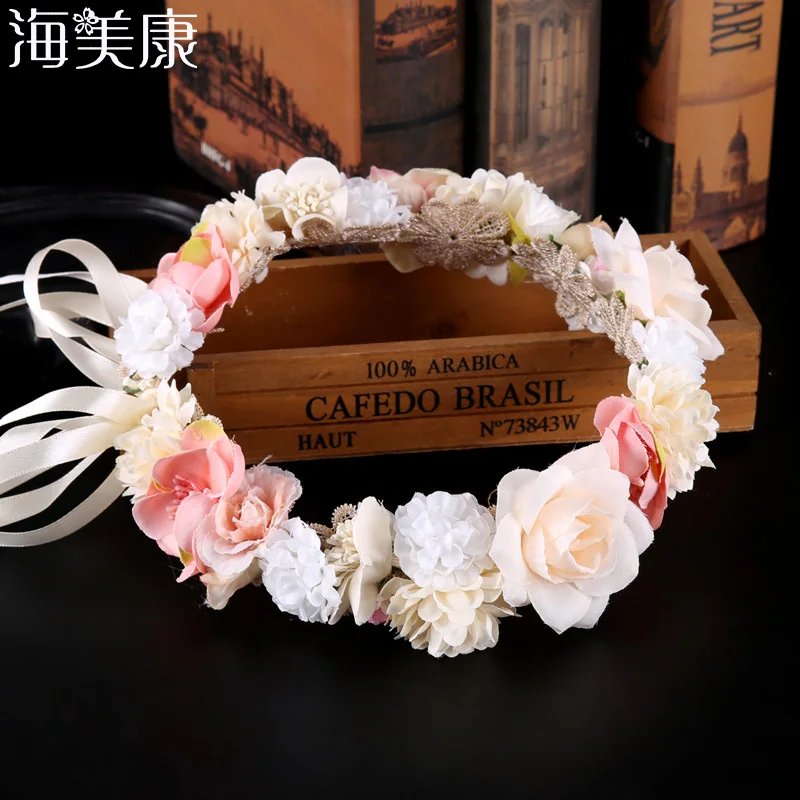 

Haimeikang Beach Holiday Hawaiian Wreath Bride Headdress Garland Sen Female Simulation Flower Headband Photo Accessories