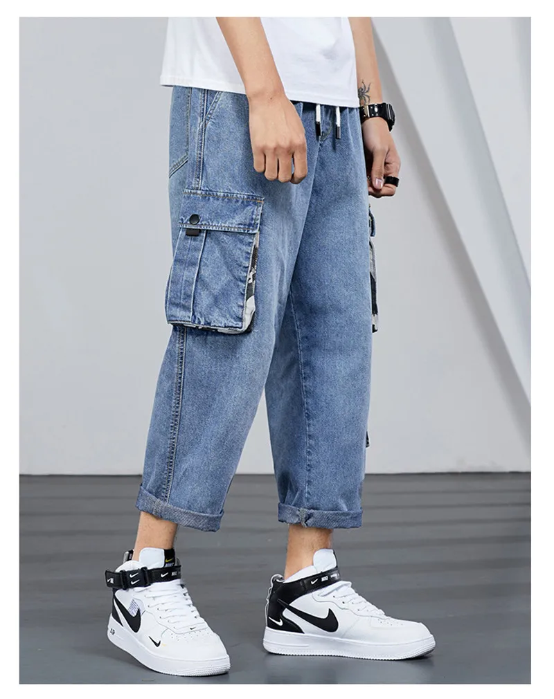 2019 New Loose Men's Cargo Pants Jeans Fashion Male Camouflage Patchwork Big Pockets Denim Trousers Hip Hop Man Multi-Pockets Jeans  (3)