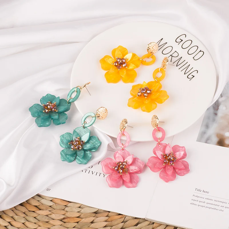 Trendy Long Acrylic Acetic Resin Earrings Flower for Women 2019 Big Metal Drop Earings Crystal for Girls Fashion Jewelry Brincos (3)