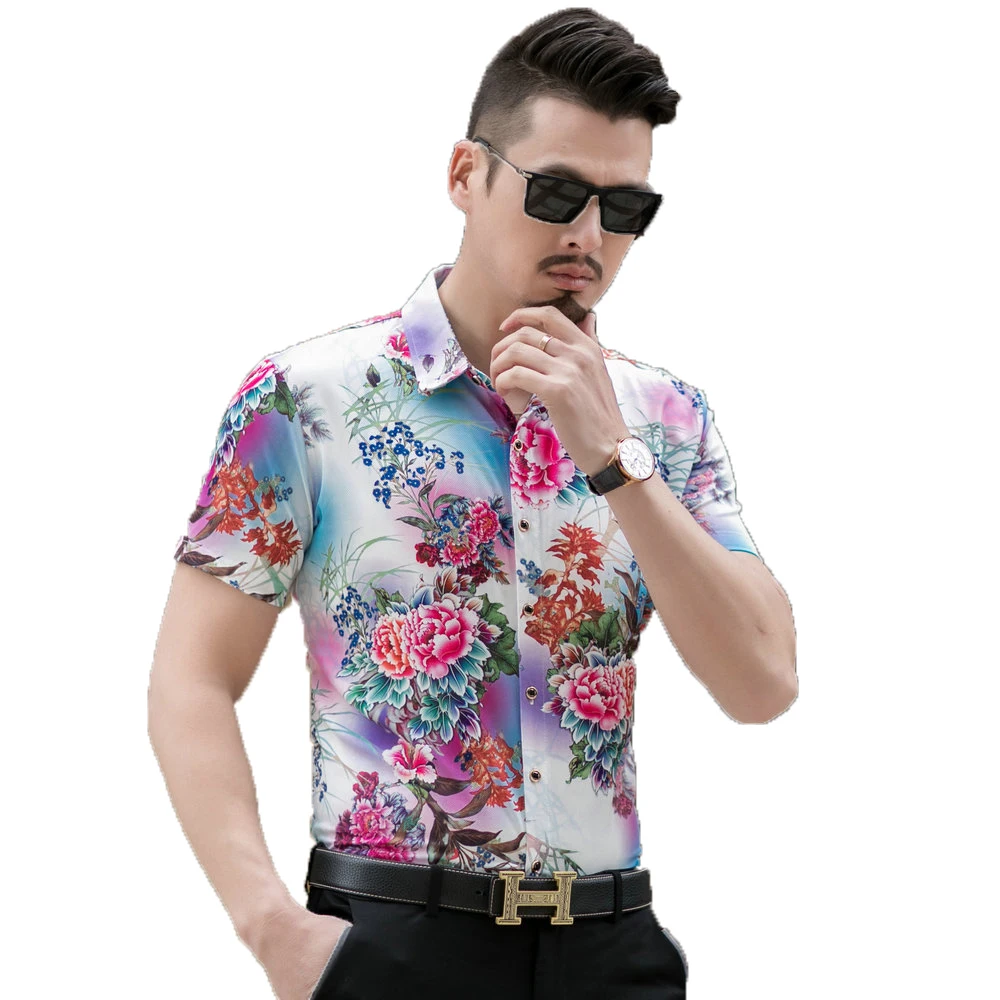 

Men Summer Shirts Elegant Business Smart Casual Blouses Chinese Flower Print Design Top Male Short Sleeve Turn Down Collar Shirt