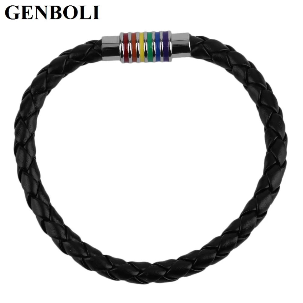 GENBOLI PU Leather Bracelet Rainbow Rope Chain Jewelry Woven Bracelet