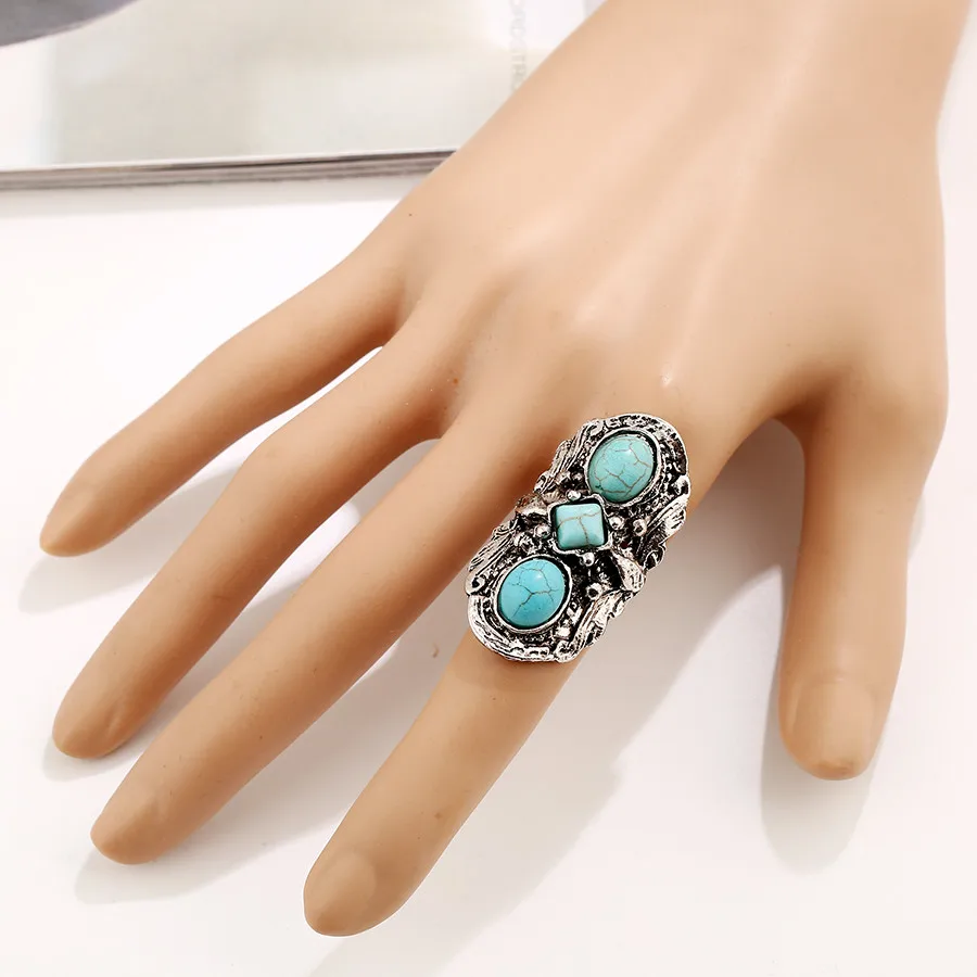 SHEEGIOR Vintage Turquoises Long Rings for Women Bague Femme Boho Ethnic Retro Silver Big Ring Men's Fashion Jewelry Accessories