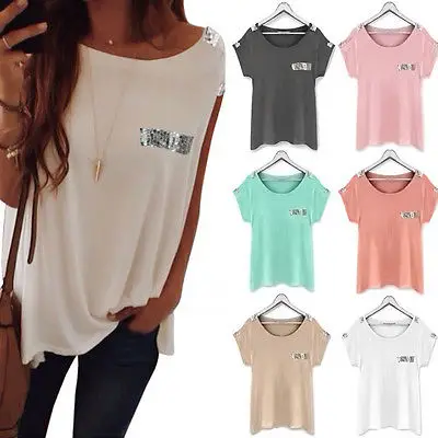 

Summer Women Sexy Casual Sequined T-shirt Top Short Sleeve Loose Tee Tops