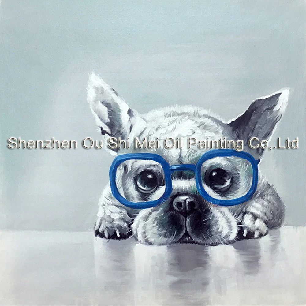 Günstige Hand Painted Blue Gläser Hund Öl Bild Abstrakte Tier Ölgemälde auf Leinwand für Lving Zimmer Wand Dekor Grau Bulldog malerei