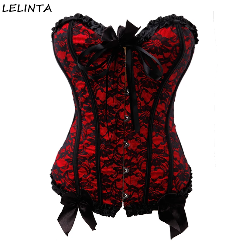 Red LELINTA женский атласный сексуальный цветочный кружевной корсет, кружевной корсет, бюстье, талия, корсетный Топ с стринги - Цвет: Red