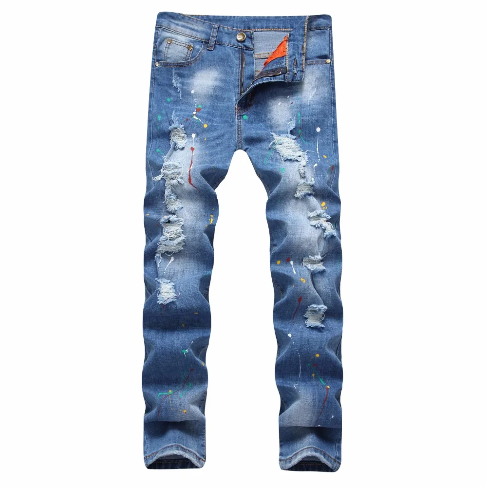 2017 Summer Men Jeans Ripped Biker Holes Elastic Ripped Denim Ink Rock