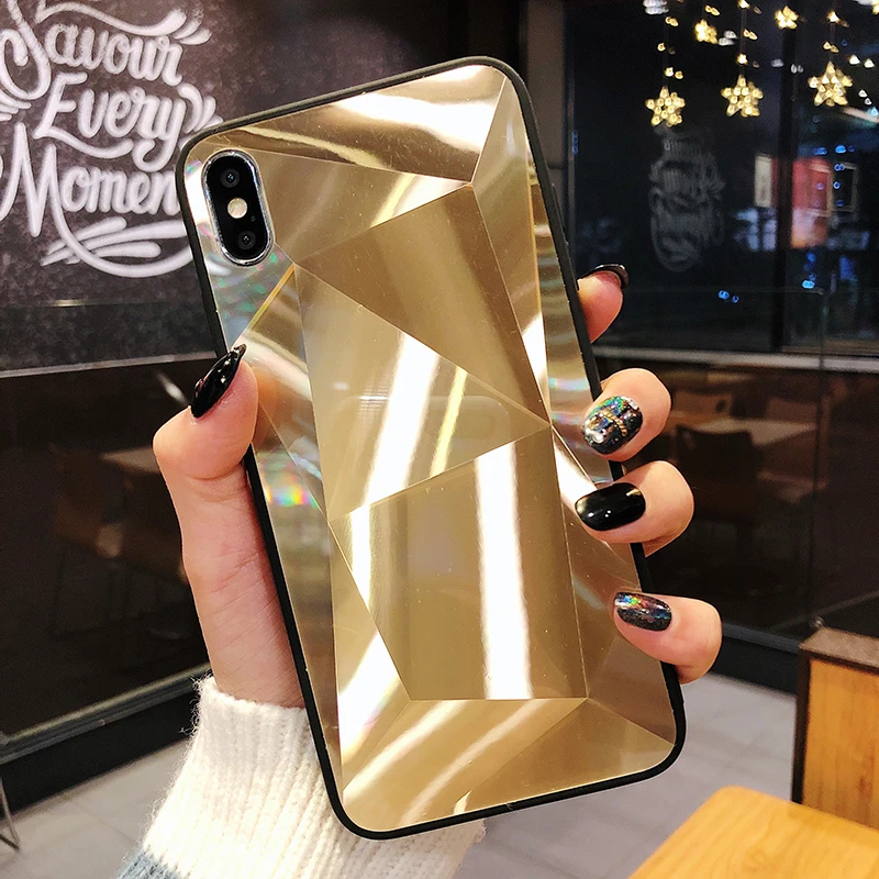 

3D Diamond Mirror Phone Case For iPhone 7 8 6 6S Plus X Soft Silicone Geometric Plating Cover for iPhone X XS Max Xr Bling Coque