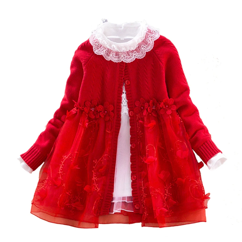 

Winter Girls Sweater Set Children Cotton Sweater Coat and Lace Patchwork Long Sleeve Petticoat 2pcs Princess Clothes for 4y-10y