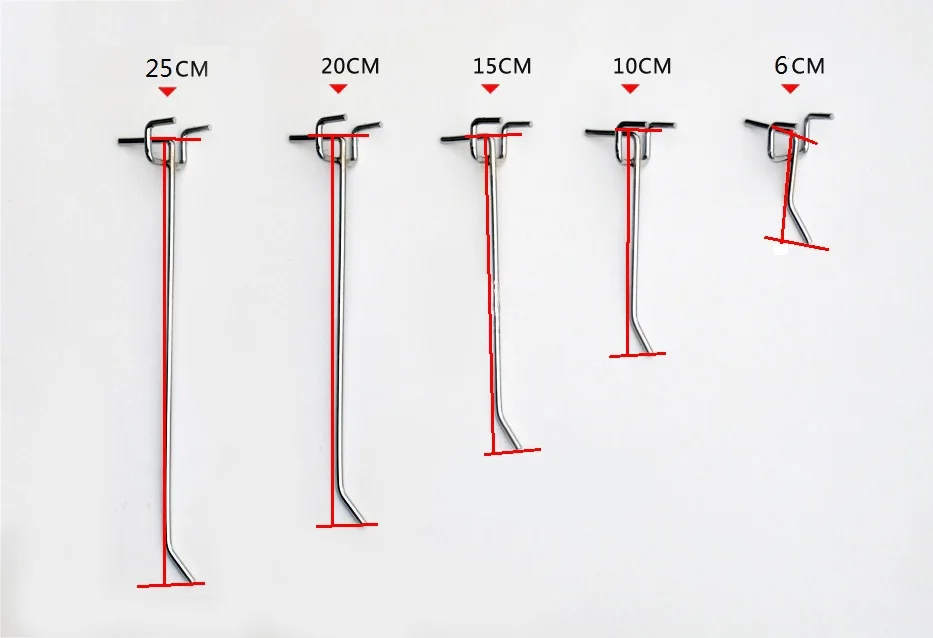 15 шт./лот, длина 100 мм, металлические хромированные крючки для Pegboard, вешалка для полки магазина, 25 мм, крюки для демонстрации отверстий для магазина, супермаркета