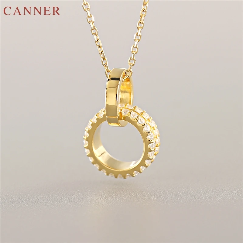 Gold Color Pave Zircon Circle Pendant Necklace for Women 925 Sterling Silver Jewelry Gifts collier femme C35