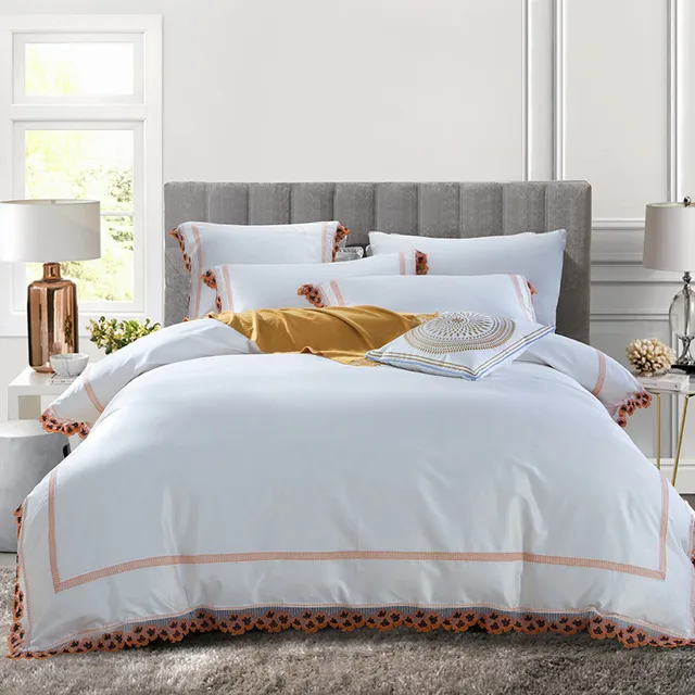 Luxury Egyptian Cotton Embroidery Lace Bedding Sets Duvet Cover Flat Luxury Egyptian Cotton Embroidery Lace Bedding Sets Duvet Cover Flat Sheet Queen King Size 4pcs 6pcs Linen Set White Color