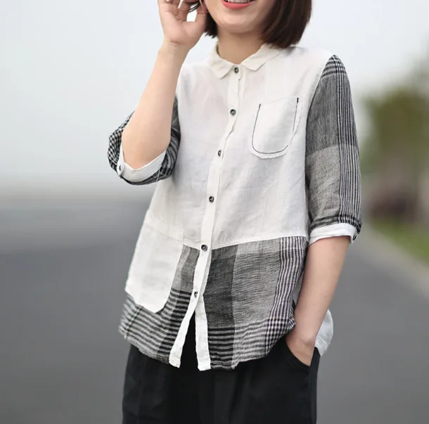 

BUYKUD Women Cotton Linen Blouse Patchwork Irregular Plaid Short Sleeve Buttons Pockets Feminina Blusas Summer Loose Shirt