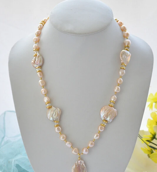 

FREE SHIPPING>>>@@ > N3401 pink baroque coin freshwater pearl pendant necklace