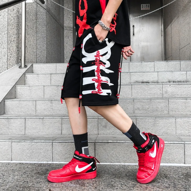 Мужские свободные шорты с завязками в стиле хип-хоп, крутая версия, повседневные уличные шорты, мужские шорты с ленточным дизайном, мужские шорты