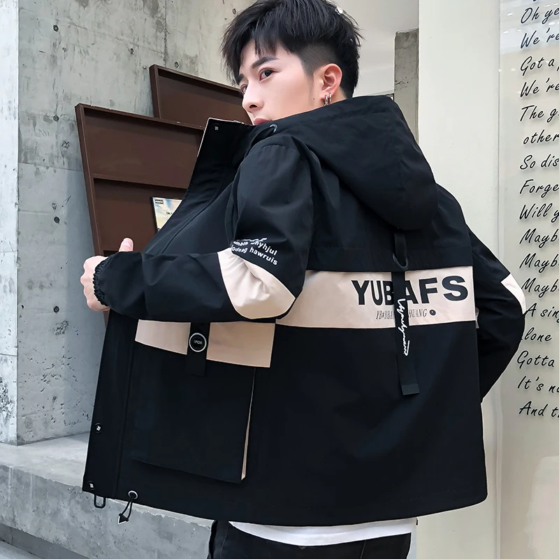 Japanese Cargo Jackets Men Streetwear Spring Autumn Hooded Mens Jacket Loose Punk Rave Hip Hop Street Wear Zipper Coat Men 5J96