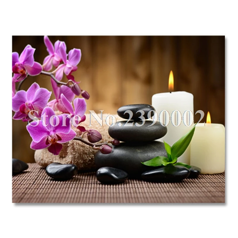 Scene Full Diamond Painting Purple orchid Candles Stones Embroidery Cross Stitch Rhinestone Mosaic Needle Gift | Дом и сад