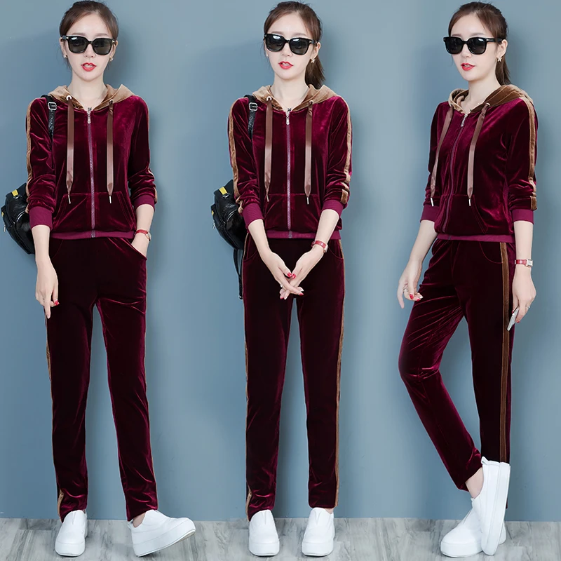 

Gold velvet casual suit female autumn 2019 plus size women's hoodies sweatshirt Harem pants two piece set tide tracksuit women