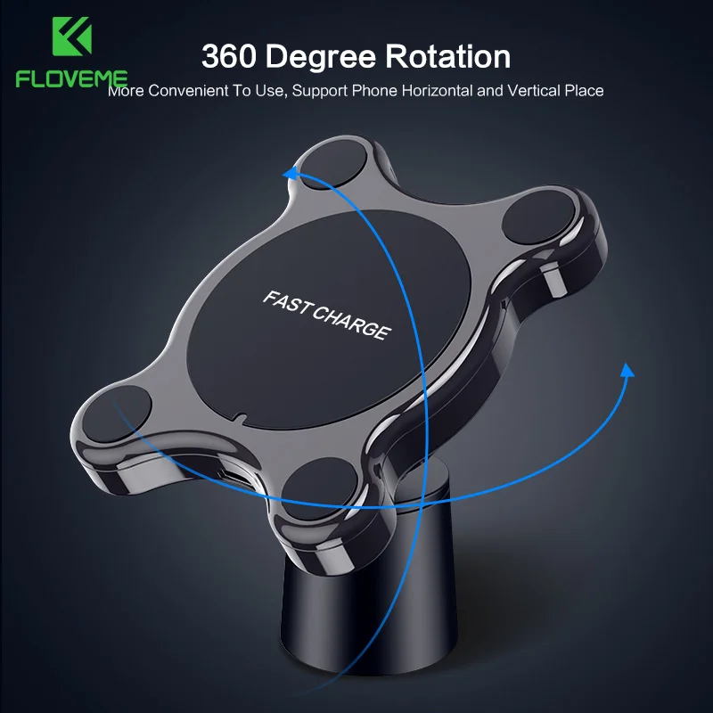 FLOVEME Qi Wireless Car Charger for iPhone X 360 Rotation Magnet Car Phone Support Car Charger Fast Charging for Samsung S10 9 8
