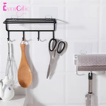 

1PC Multi-function Wall Mounted Hooks Rack No Drilling Hook Rod Iron Hanging Clothes Utensil Holder Rack For Kitchen Bathroom