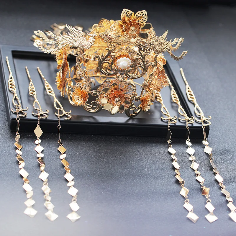 JaneVini роскошный китайский Стиль ювелирные изделия Yang Mi головной убор невесты древних золотистая шпилька с длинной бахромой Для женщин свадебные аксессуары для волос