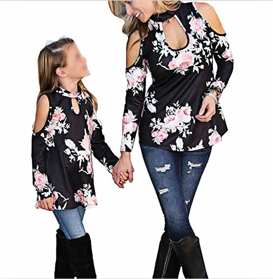 

2019 Spring Autumn Mom and Daughter Matching Clothes Flower Printing Stand Collar Long Sleeve Off Shoulder Blouse Family Outfit