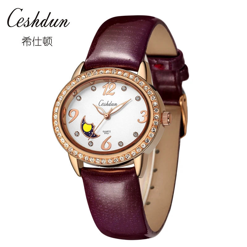 

CESHDUN Women Quartz Watches Analog Big Face Shell Dial Cystal White Leather Strap Unique Ladies Watch mujer orologio da polso
