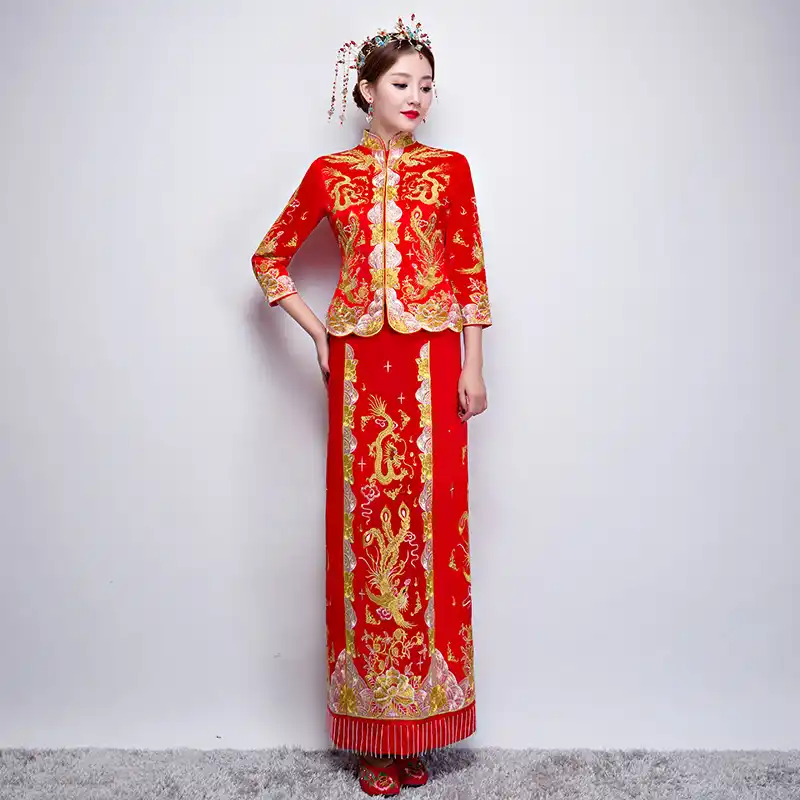 Lujo Antiguo Real Rojo Chino Vestido De Novia Bordado Tradicional Cheongsam Mujeres Dragon Oriental Phoenix Qipao S Xxl Aliexpress